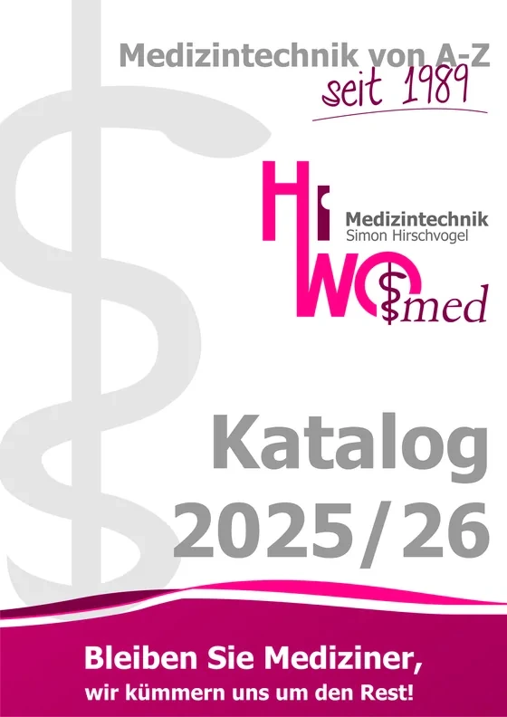 Titelseite des HiWo-med Gesamtkatalogs 2025/26 mit dem Schriftzug „Medizintechnik von A–Z, seit 1989“.
